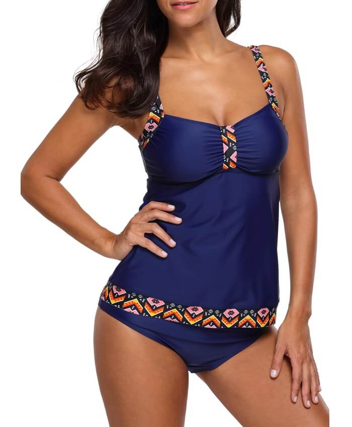 Navy Blue Open Back Padded Tankini Set